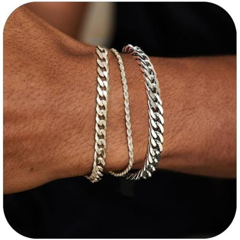 Mens Silver Cuban Chain Bracelet Set Stainless Steel Adjustable Waterproof